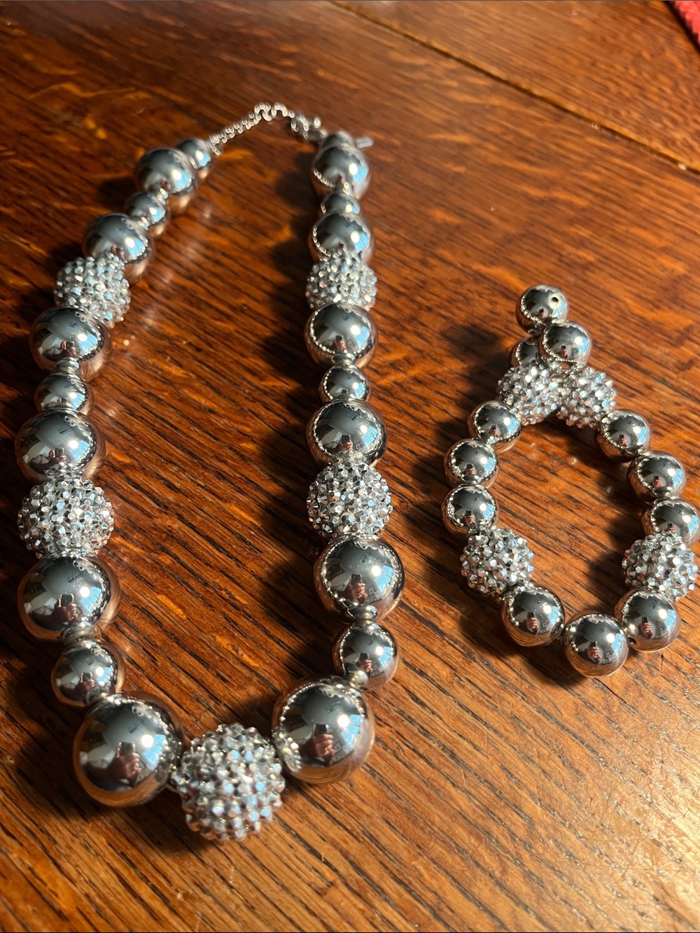 Elegant Silver Beaded Necklace with Pavé Accent Beads and matching bracelet